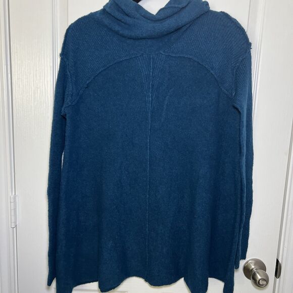 Free People Cowl Neck Sweater Size Large Teal Blue Slouchy Relaxed Off Shoulder - Picture 5 of 10